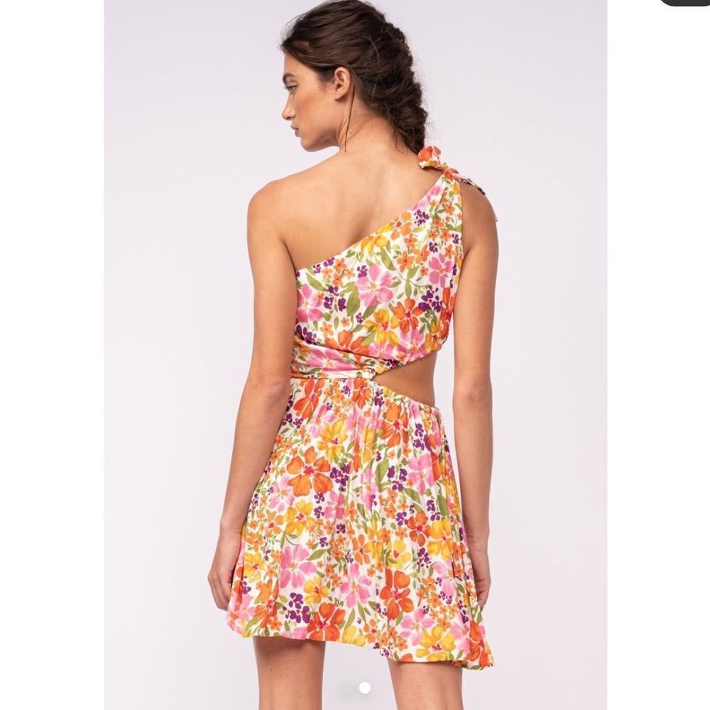 Sky to Moon One Shoulder Colorful Floral Side Cutout Mini Dress Size Small - Picture 3 of 10